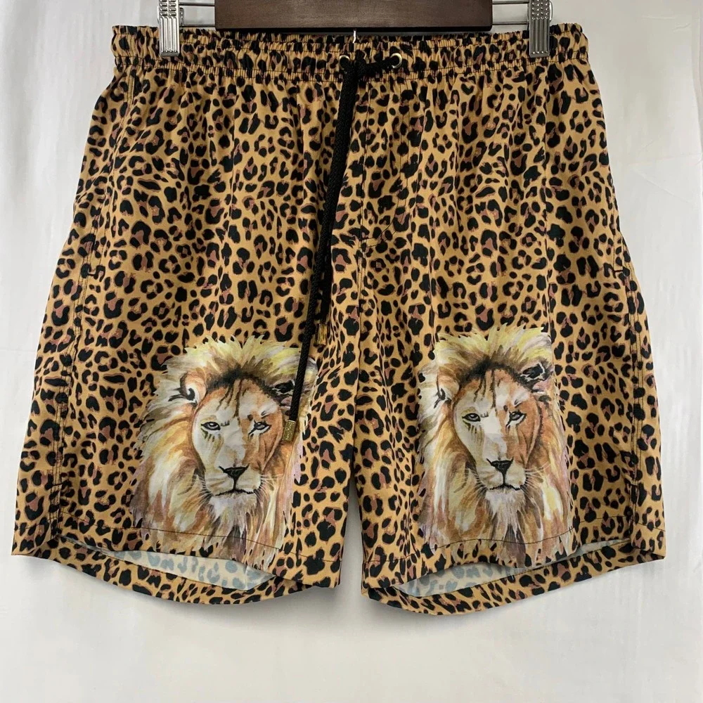 Kenny Flowers Swim Trunks Men XL Tan Leopard Lion Graphic‎ Print Shorts